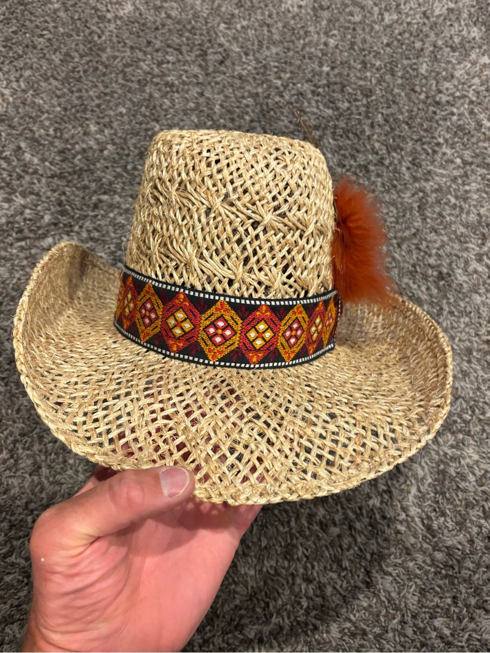 Western Stetson Roadrunner Straw Hat with Orange Feather and Embroidered Band